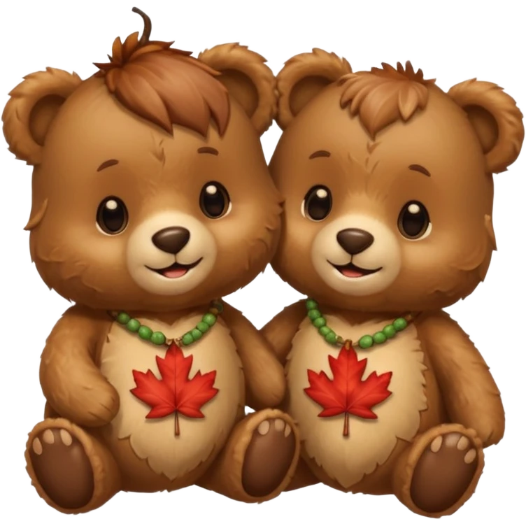 2 fluffy Teddy bears in love. One has an acorn necklace and a maple leaf necklace  emoji
