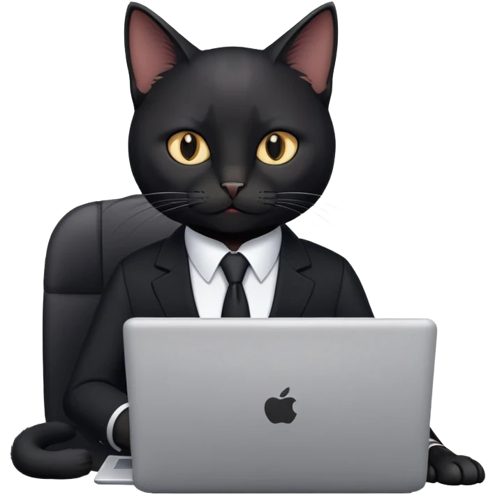 Black cat in a black business suit in an office with laptop emoji