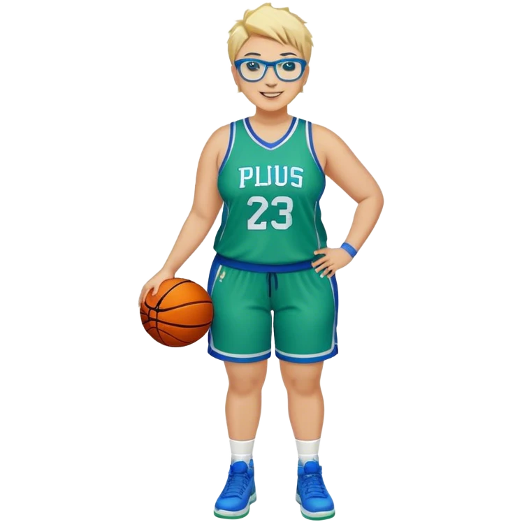 Full Body plus size white female with short spike hair wearing blue glasses basketball player wearing blue green uniform smiling emoji