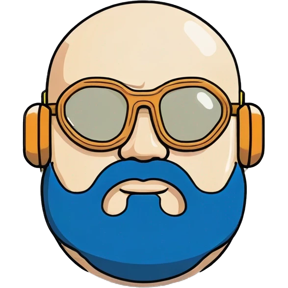 Bearded Fat bald cyborg head with tan skin, blue goggles and circuits emoji