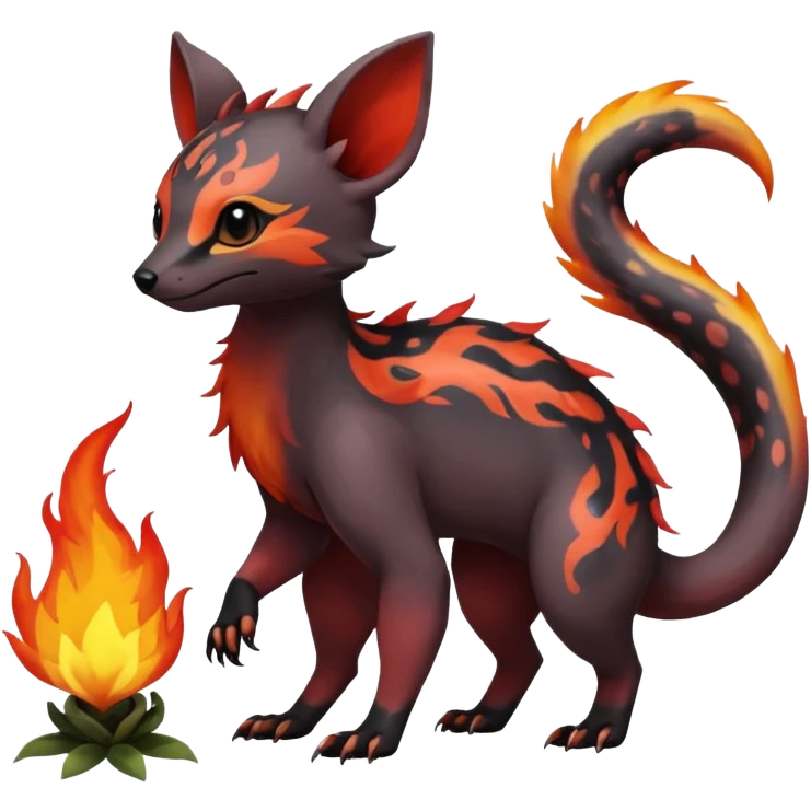 Rare warm-colored exotic cute epic aesthetic colorful Salandit-Eevee-Civet-species-Fakemon-hybrid-creature, with wild markings, full body emoji