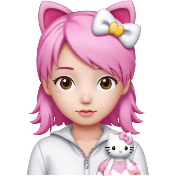 Female pink hair Wearing white and light pink clothing with hello kitty accessories emoji