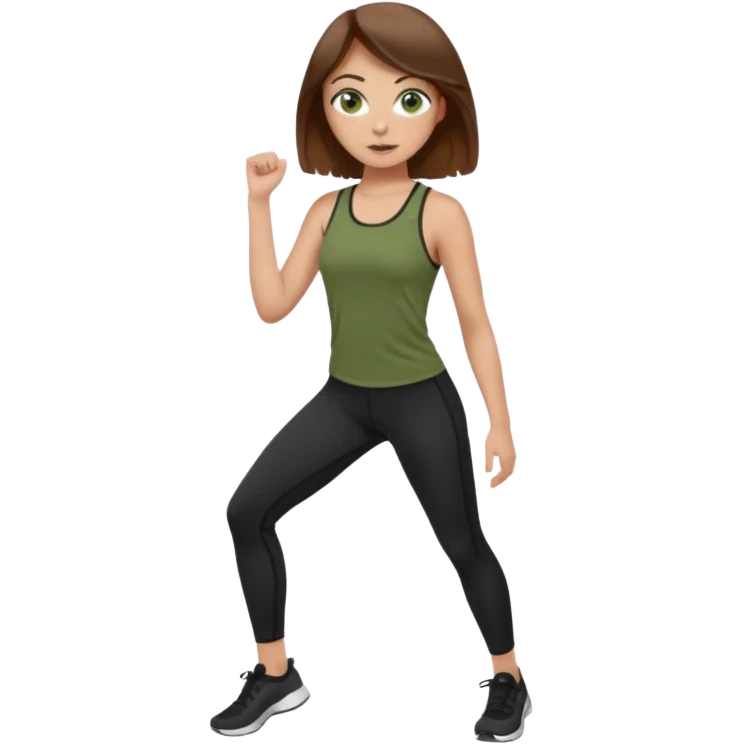 Girl with green eyes, brown hair, light skin, and freckles wearing an olive green top with black leggings working out emoji