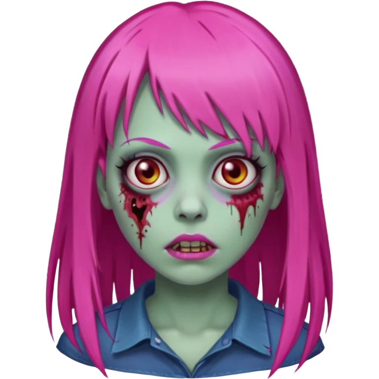 Create a female zombie emoji with long, straight hair in hot pink and bangs. emoji