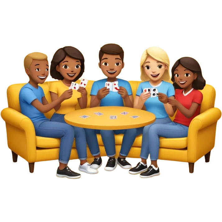group of friends on couch playing a card game couch should be deep yellow color emoji