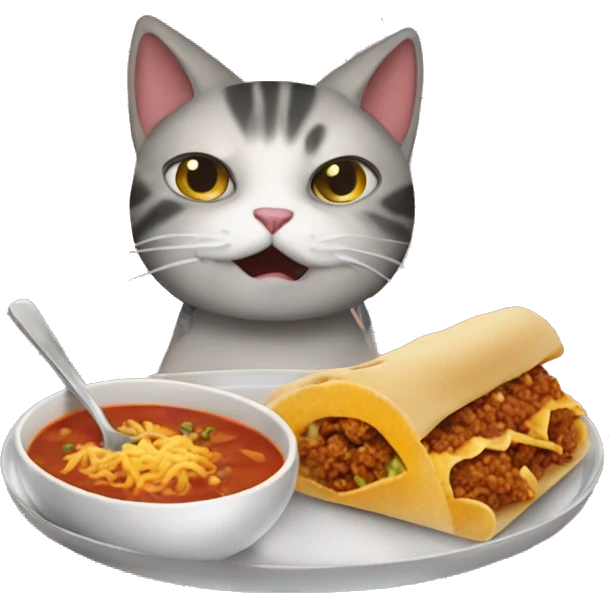 Cat eating soup, a burrito, and a sloppy Joe emoji