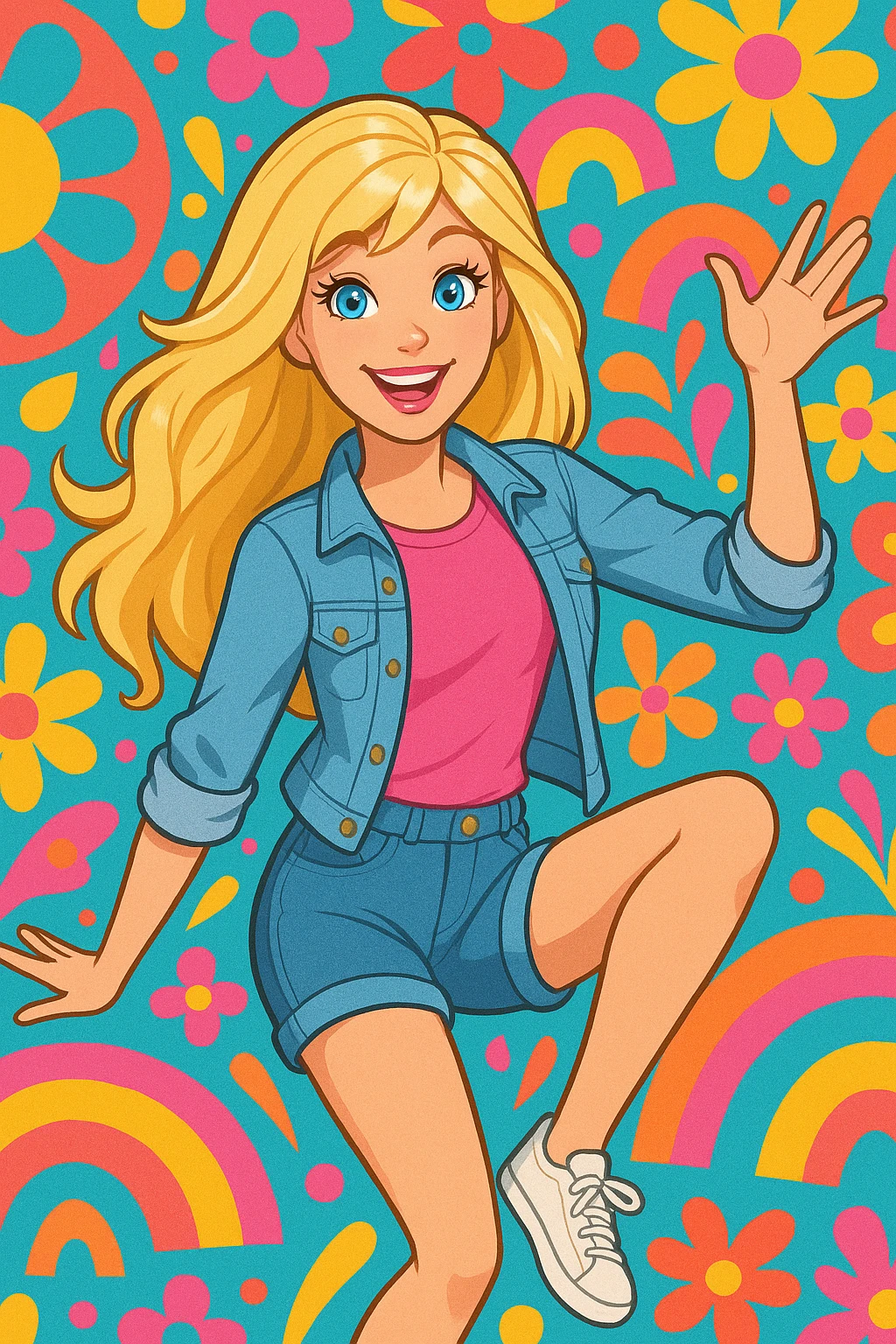 blonde Barbie, casual clothes, playful pose, bright and colorful background emoji