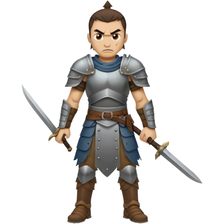 full body Hun warrior inspired by Mulan, barbaric, sharp cheekbones, angry glare, armored, tattered clothing emoji