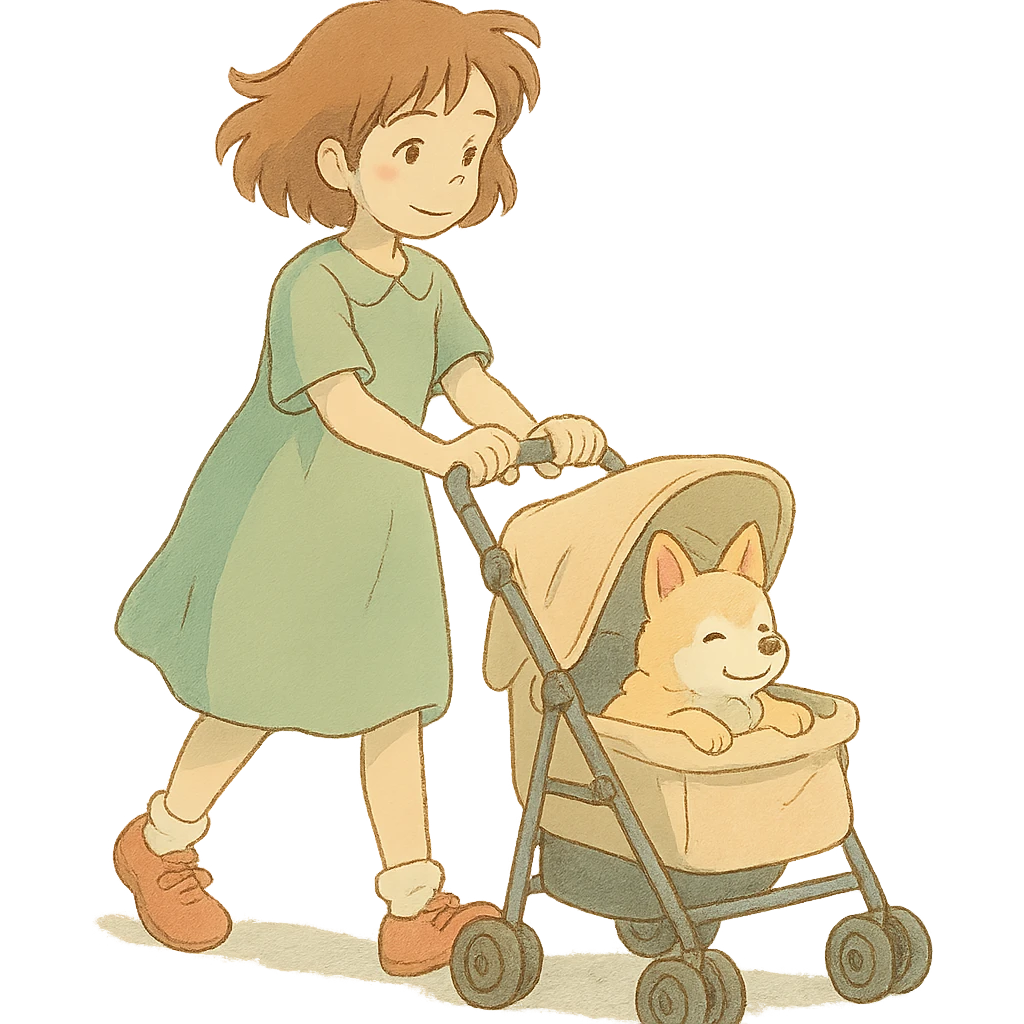 girl walking a dog in a stroller with soft colors emoji