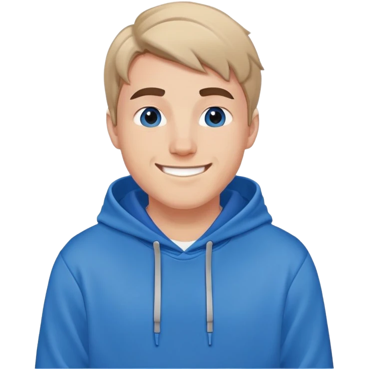Mr. Beast wearing a blue hoodie with a friendly smile emoji