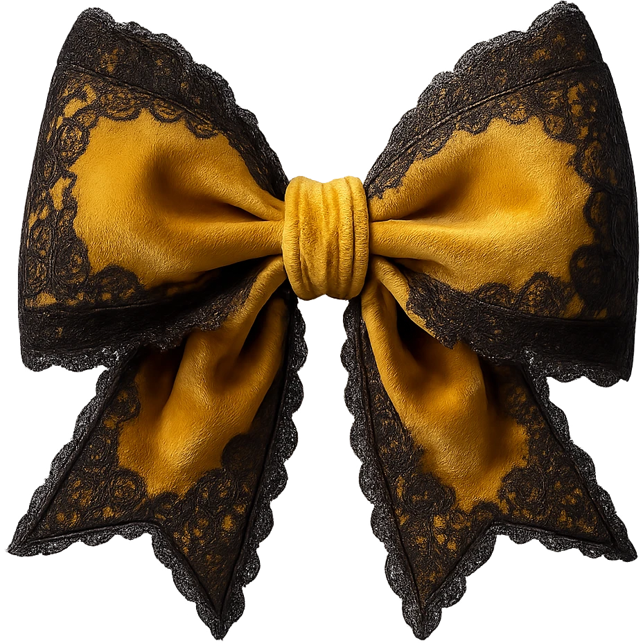 Add lace and velvet details to the gothic yellow bow in a photorealistic style. Keep the background transparent if possible. emoji