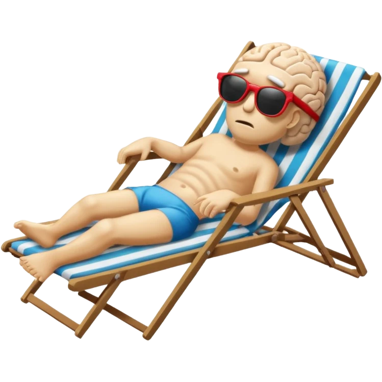 A brain (no body)  lies in a deck chair wearing sunglasses at the edge of the pool. emoji