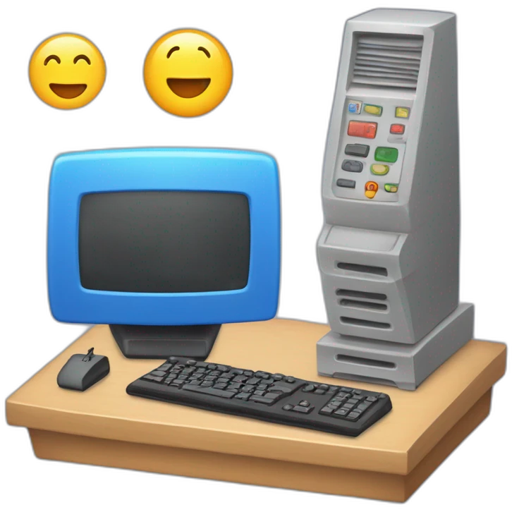 una torre de pc y al lado un volante un joystick y un mando emoji