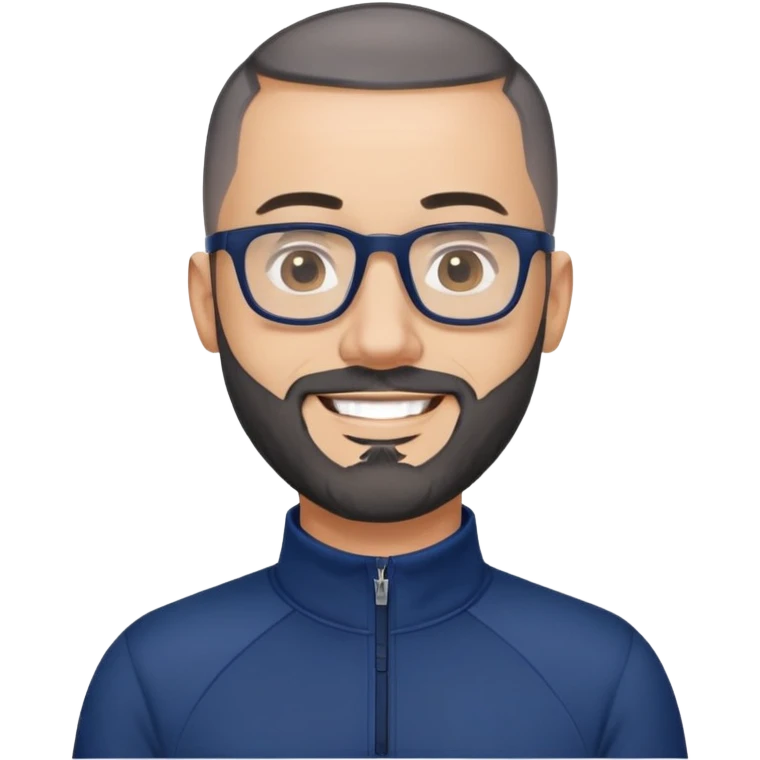 Smiling 40-year-old man with light skin, buzzcut-style very short black hair, gray beard, black glasses, wearing a navy blue athletic zip-neck long sleeve shirt emoji