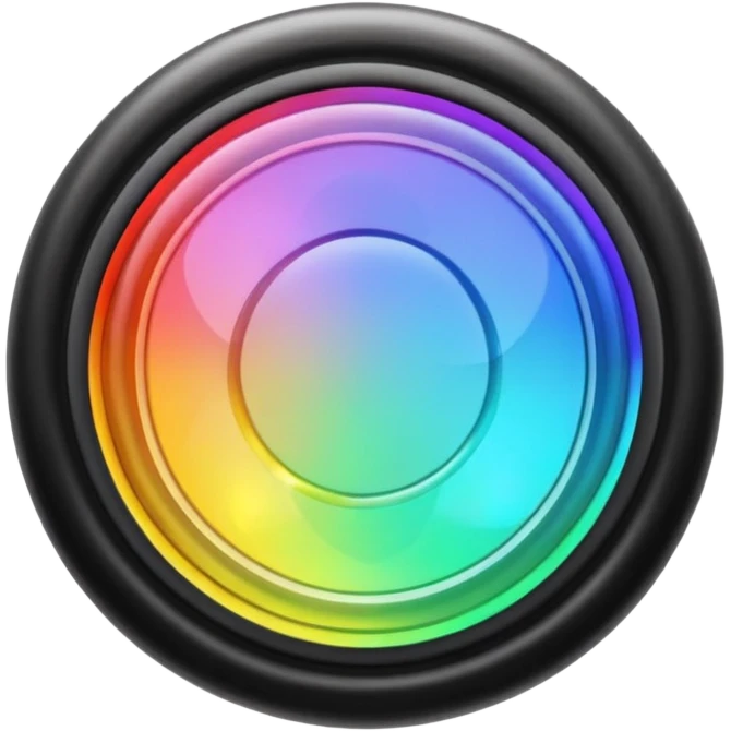 A speaker emoji 🔊 with a smooth CD-like surface that reflects rainbow iridescent colors, glowing RGB light ring around the edge, shiny plastic body, prismatic reflections shifting across the front, soft sparkles and light gleams, holographic sheen, clean simple shape, bright colorful highlights emoji