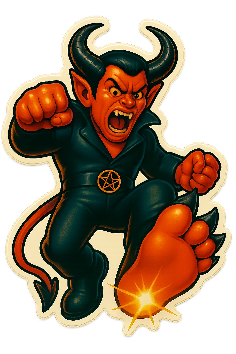 Create an image of the character performing a big, dramatic stomp with one foot raised and coming down, in the same retro sticker style. The background should be transparent and no other characters or elements should be included, just the stomp pose. emoji