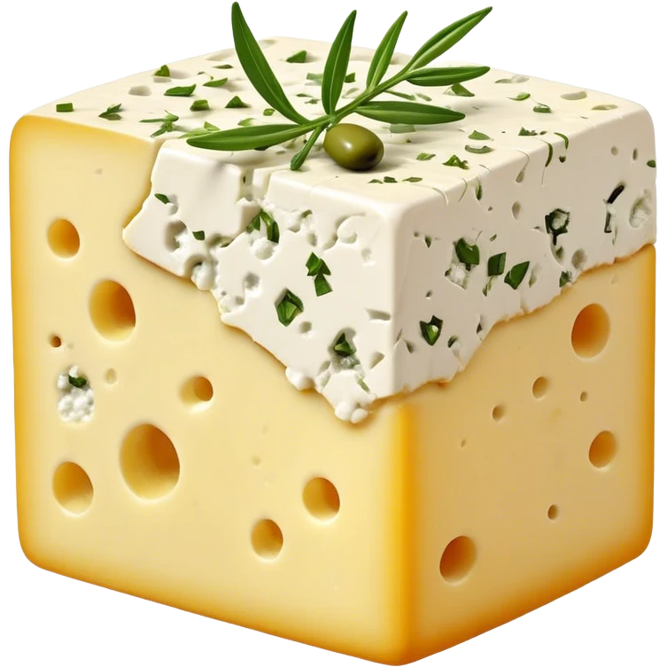 Cinematic Realistic Feta Cheese Dish Emoji, depicted as a block of crumbly, tangy cheese garnished with olive oil and herbs rendered with lifelike detail and soft natural lighting. emoji