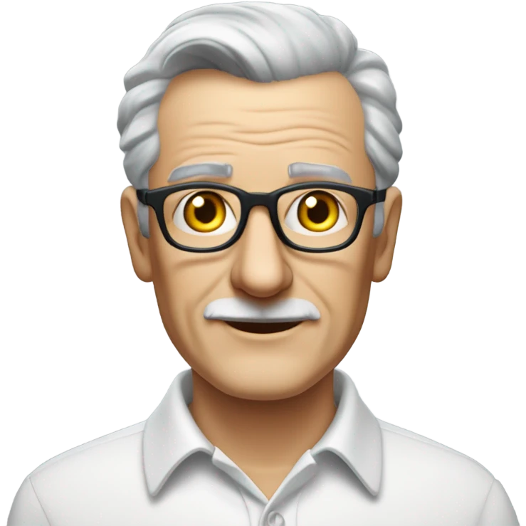 An elderly English man with a kind and dignified appearance, wearing thin-framed glasses. He has neatly combed grey hair and a clean-shaven face with no moustache or beard. He is dressed in a crisp white smart polo shirt with black buttons, emoji