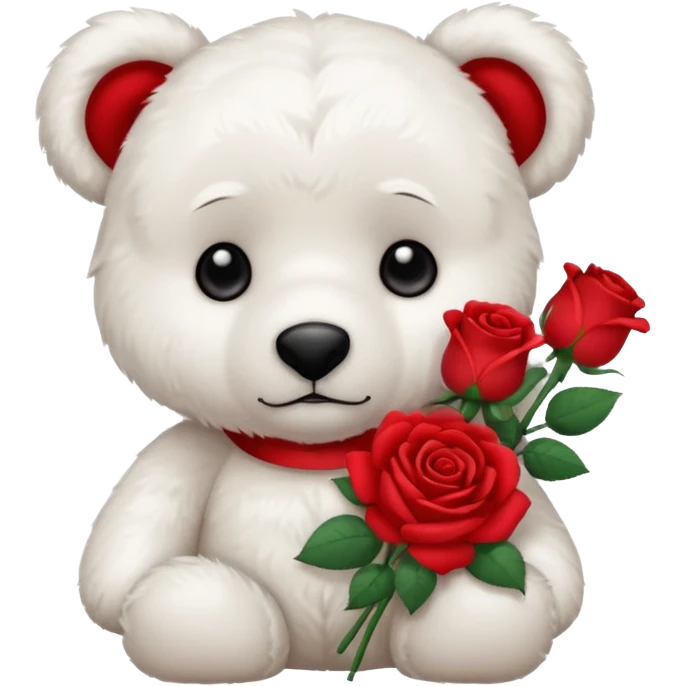 Cute white teddy bear with sad puppy dog eyes holding roses  emoji