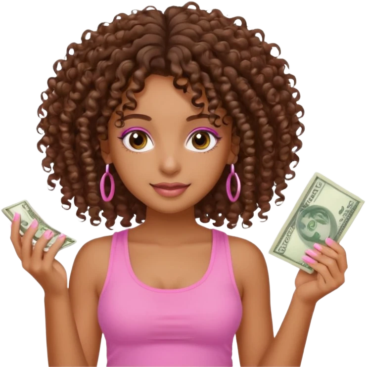 Uma menina com o cabelo cacheado é morena, e com uma regata rosa com unha em gel, é com Baby hair ,e com dinheiro na mão ,𓍢ִ໋🀦⃝🪼〰꩜ emoji