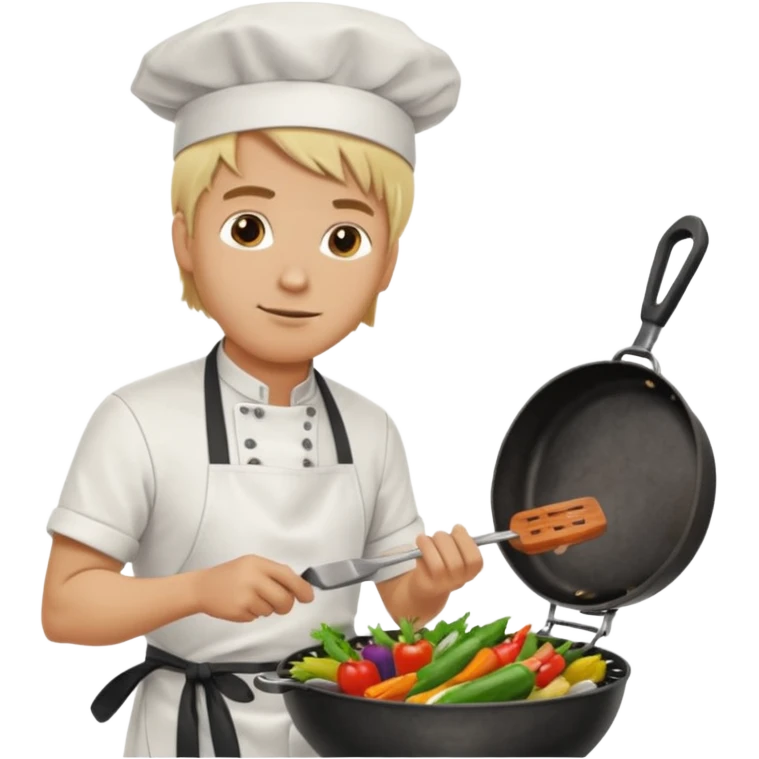 man with tied blond hair and and a white apron grilling vegetables on a sizzling grill emoji