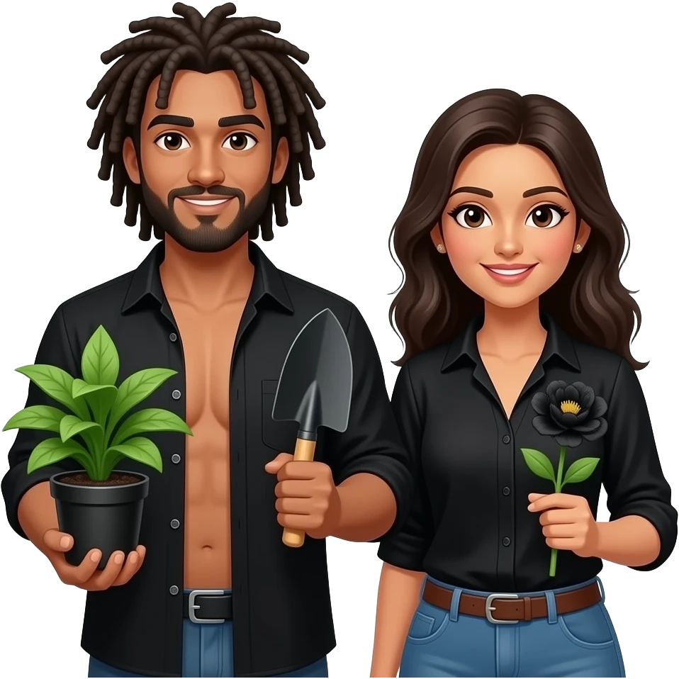 Sexy indian Gothic  female  and male gardeners wearing black shirts , chests showing, with dreadlocks. Man holding a green plant in a black pot in one hand and black shovel in other hand and woman holding a black flower. Open shirt. emoji