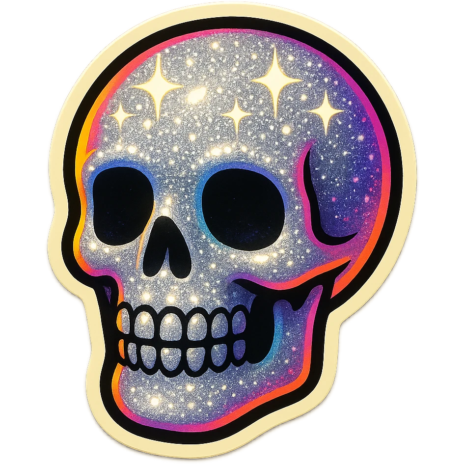 a glittery skull with sparkling highlights and bold, colorful outlines in retro stickers style emoji