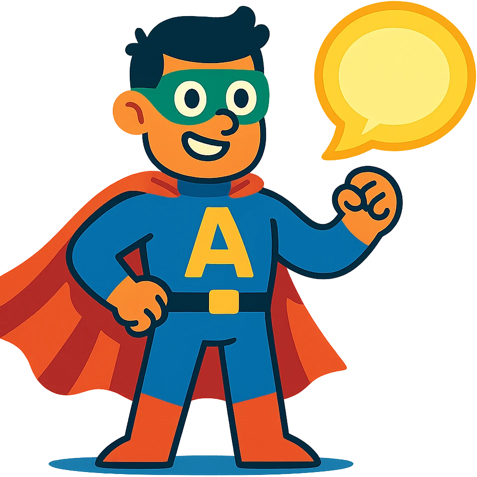 super hero for language learning, with a mask, cape, and a glowing speech bubble emoji