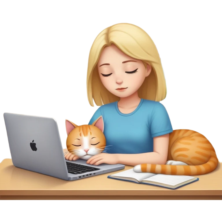 A girl is working hard in front of her laptop, and a cat is sleeping next to it emoji
