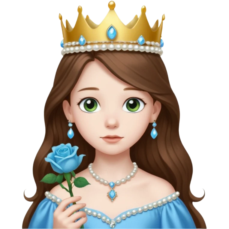 a 12 year old girl with shinny long brown hair and pretty green eyes with pale skin wearing a sky blue gown in a beautiful forest with adorable animals and stunning roses and lilacs surrounding her as she smells the only sky blue rose she is also wearing a crown that has pearls emoji