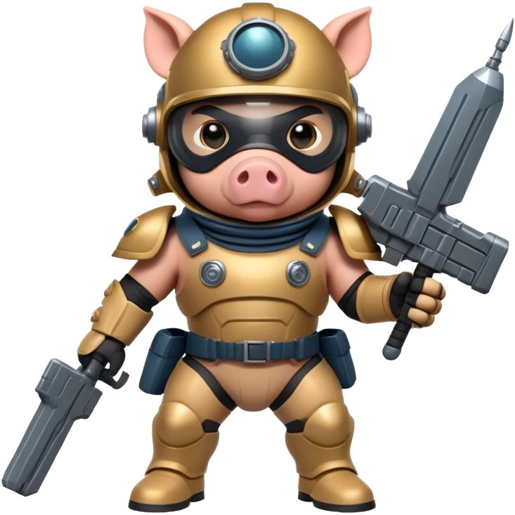 pig dressed as a Helldiver, wearing futuristic armor and helmet, holding a sci-fi weapon, heroic pose emoji