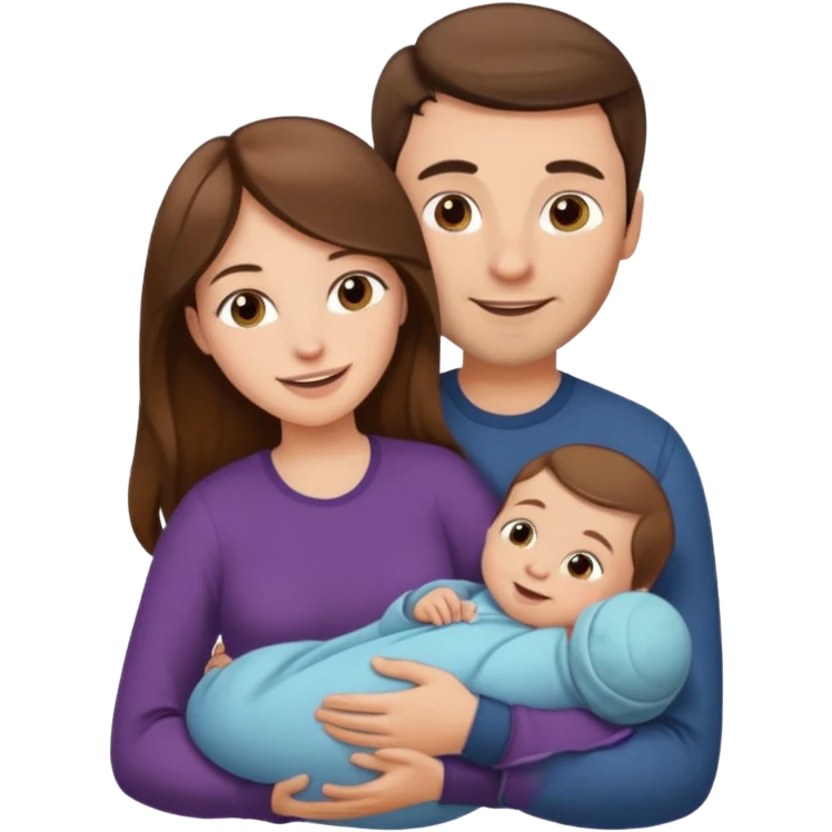 "Woman with long brown hair and fair skin holding a baby. And man with short brown hair and fair skin, without a mustache, holding a child. Smiling." emoji