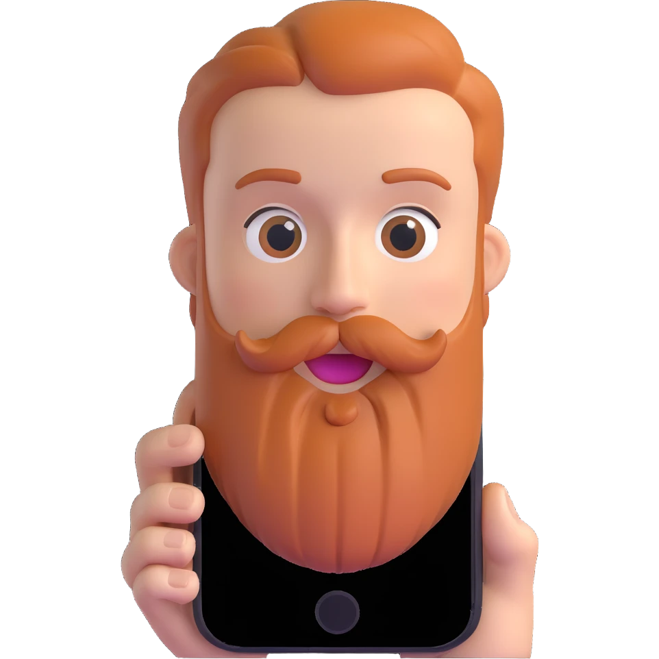 bold man with beard speaking on an iPhone, animoji style, expressive face, 3D look emoji