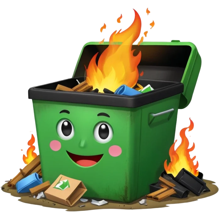 Bright green happy dumpster with an open black lid and a large fire burning only inside it. there is litter and trash on the ground around it not burning emoji