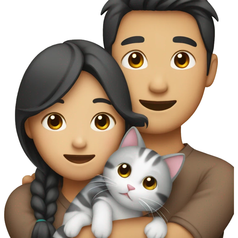asian couple hugging with a cat emoji
