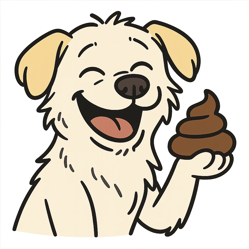 cartoon style emoji of a white mongrel dog with light yellow floppy ears, mix of Jindo and Retriever, lying ears, messy but cute face, smiling happily while holding poop emoji