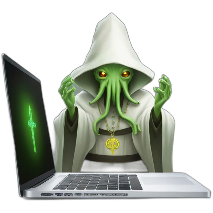 cthulhu priest praying over macbook laptop emoji