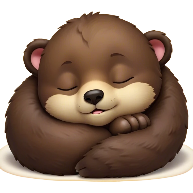 Meme-Worthy Cute Sleeping bear cub Portrait Emoji, Head resting peacefully with a contented smile, showcasing a massive, robust build and a luxuriously soft dark brown fur, eyes shut in a serene, restful nap, Simplified yet hilariously adorable features, highly detailed, glowing with a soft, drowsy light, high shine, relaxed and utterly lovable, stylized with an air of playful laziness, bright and heartwarming, soft glowing outline, capturing the essence of a comically sleepy bear cub, so meme-worthy it feels like it could instantly become the next viral sensation of adorable slumber! emoji