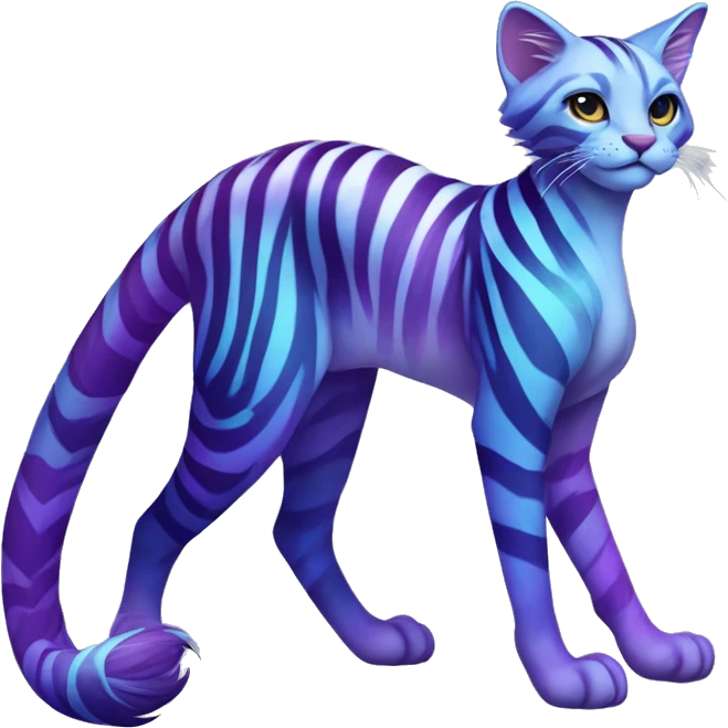 Colorful vernid fantasy creature LiLaiRa Kamirah Falvie whiskers paws full body purple blue gradient stripes braided tail feline emoji