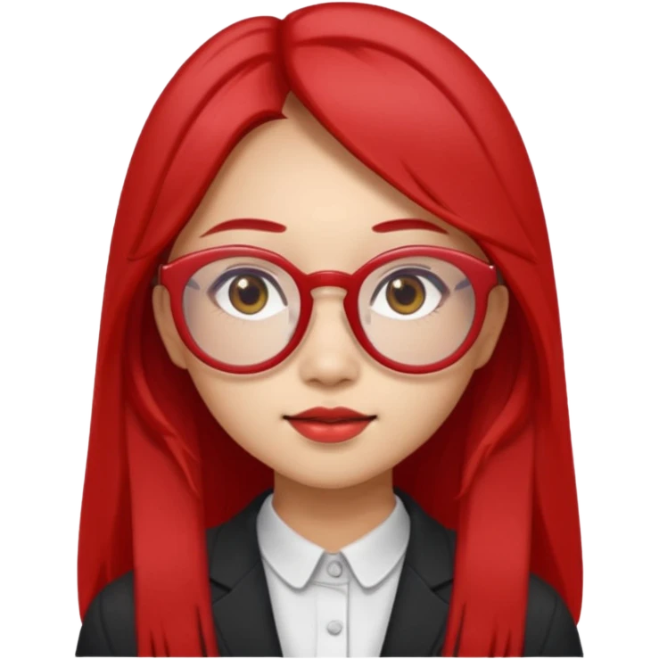 20 yr old asian woman, straight thick long brown hair, middle part, big red glasses, brown eyes emoji