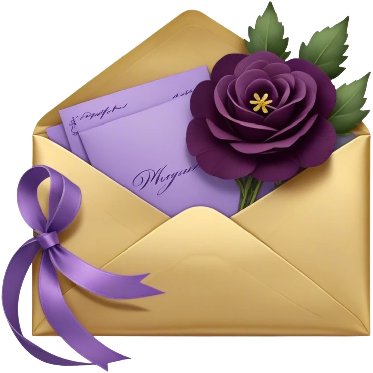 Beneath the soft light of a silver crescent moon, a bundle of handwritten letters lies wrapped in a velvety plum ribbon, adorned with a delicate sprig of lavender and a scattering of bruised violet pansies. A faded mauve rose and a deep purple peony, their petals gently curling at the edges, rest beside an ornate heart-shaped trinket, whispering tales of love lost and found. Golden stars twinkle faintly, reflecting off the wax-sealed envelopes, as if they, too, are enchanted by the lingering emotions woven into each word. emoji