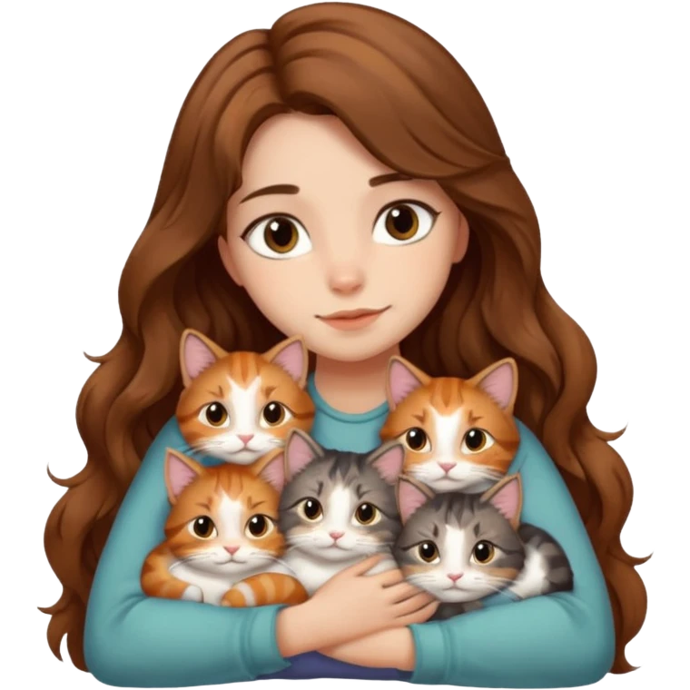 girl with long wavy brown hair snuggling 6 cats emoji