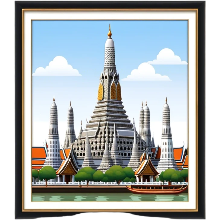Cinematic Realistic Wat Arun Landmark Emoji, depicting the towering temple spires adorned with intricate porcelain mosaics emoji