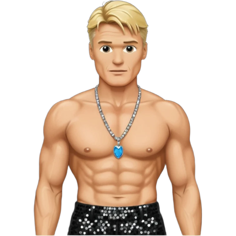 Dolph Lundgren with black sequin baggy pants, shirtless with necklace emoji