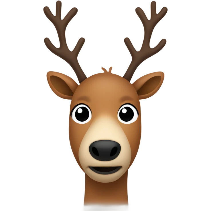 cartoon-style reindeer. It has a brown body with simple, rounded shapes. The head is round, with a large nose and two oblong black eyes in a minimalist style. emoji