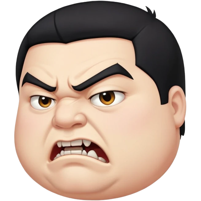 chubby young angry man in profile view with black hair, sharp fangs, crossed eyes emoji