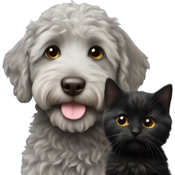 Grey labradoodle next to a small black kitten emoji