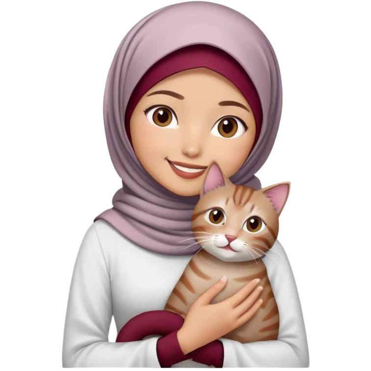 Asian White girl wearing maroon hijab and white dress holding a black grey tabby cat while smiling.  emoji