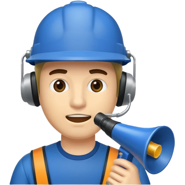 Um homem com capacete azul escuro segurando um megafone emoji