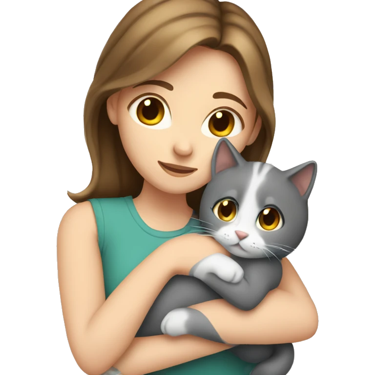 White girl with brown hair hugging grey cat emoji